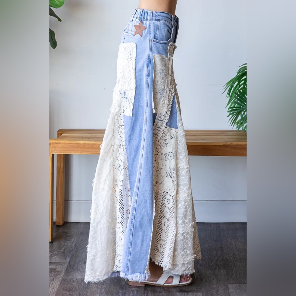 OLI & HALI Women’s Denim LACE INSERT DETAIL RUFFLE FLARE WIDE LEG PANTS - Picture 4 of 8